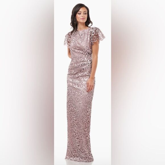 JS Collections Embroidered Short Flutter Sleeve Side Slit Sheath Gown Size 12 - Picture 1 of 13